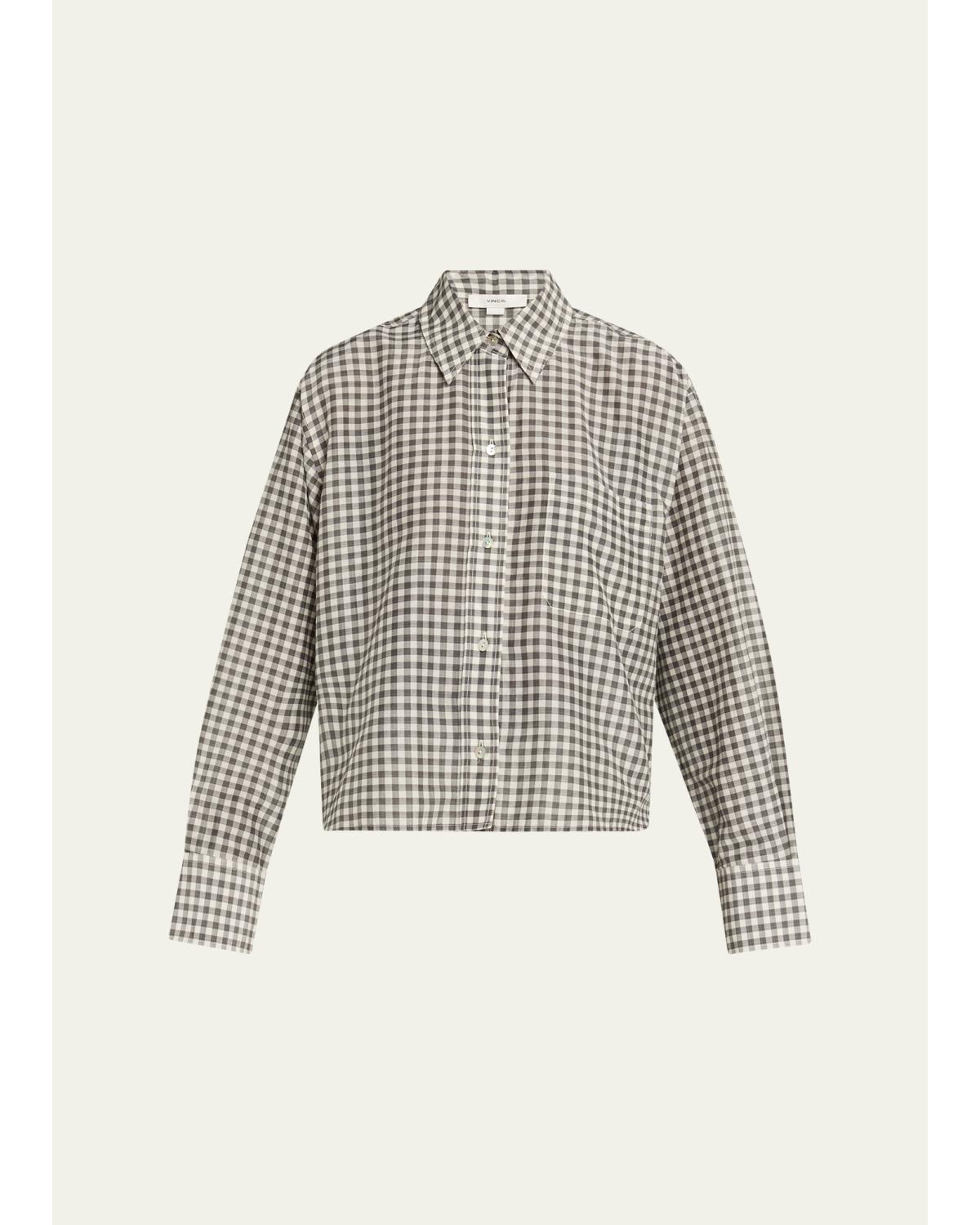 Long-Sleeve Cropped Cotton-Silk Gingham Shirt