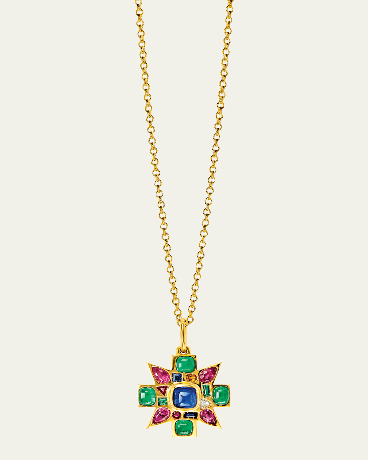 Verdura 18K Yellow Gold Sapphire and Emerald Mini Byzantine Pendant Necklace