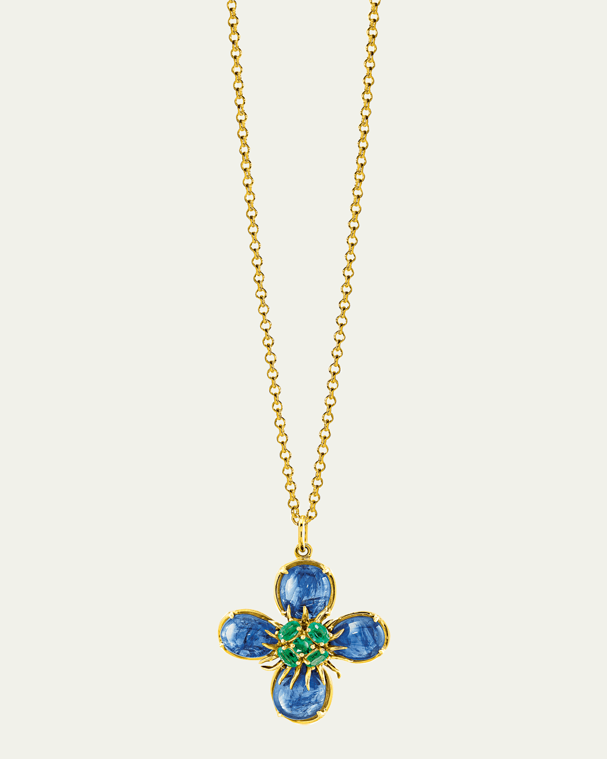 Verdura 18K Yellow Gold Sapphire and Emerald Dogwood Pendant Necklace