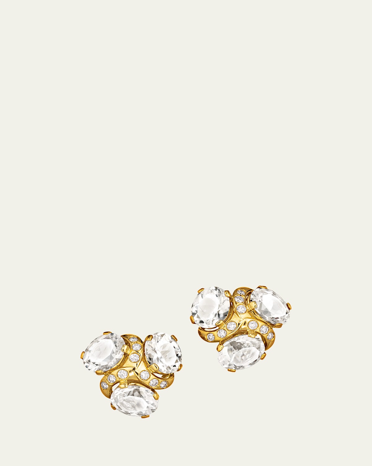 Verdura 18K Yellow Gold White Topaz 3-Stone Earrings with Diamonds