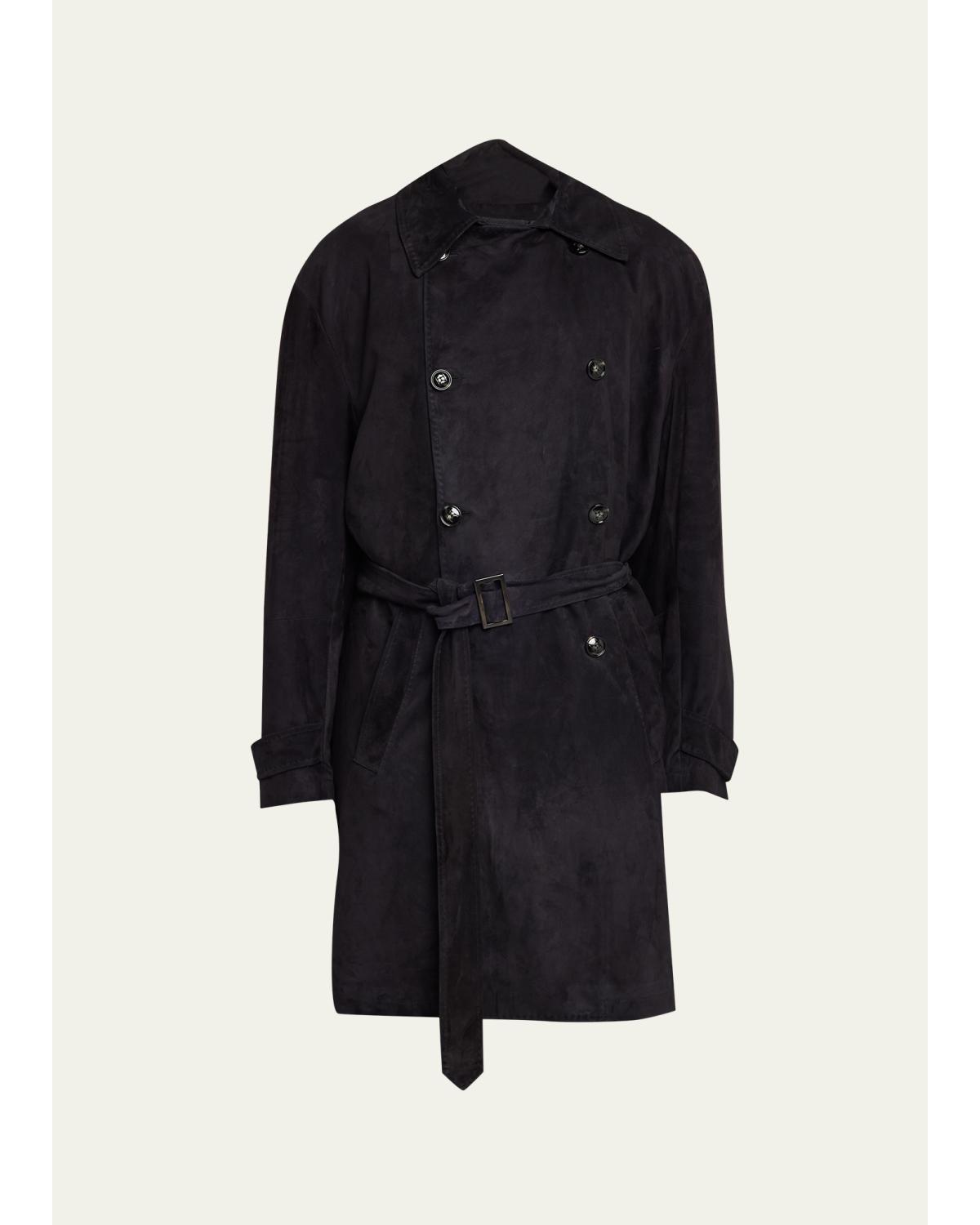 Men'S Suede Double-Breasted Trench Coat