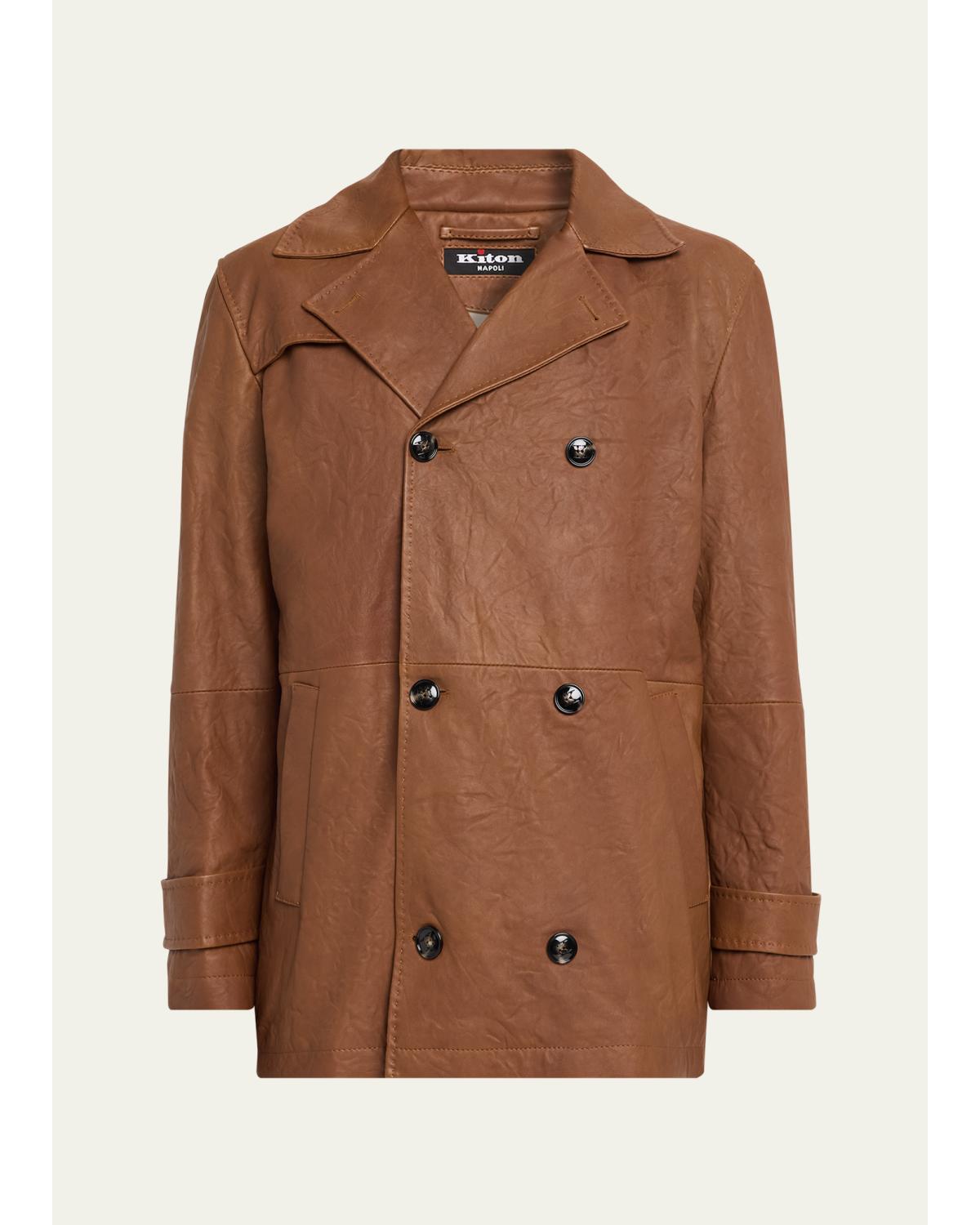 Men'S Leather Vintage-Effect Short Trench Coat