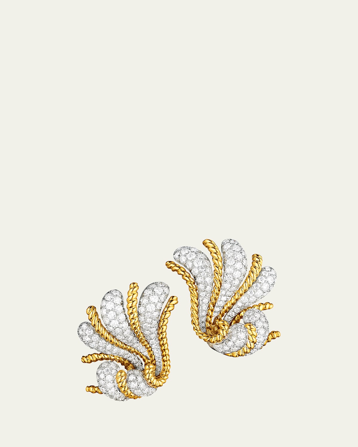 Verdura Platinum and 18K Yellow Gold Diamond Fan Earrings