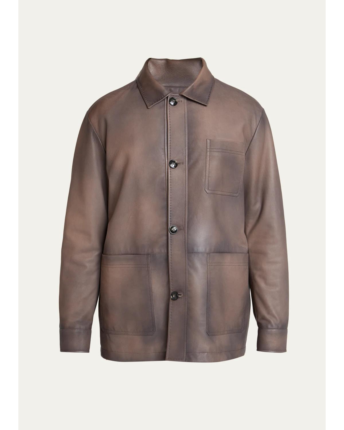 Men'S Burnished Leather Chore Shirt Jacket