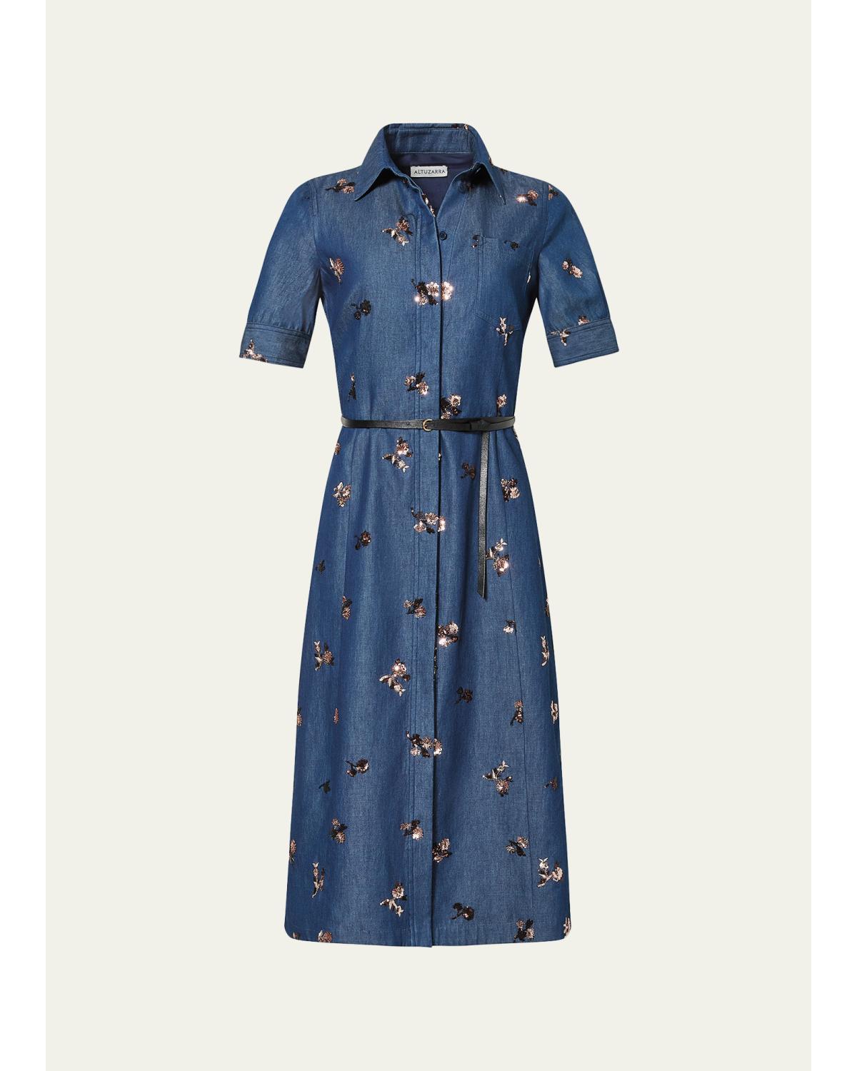 Kieran Sequined Floral Denim Midi Shirtdress With Belt