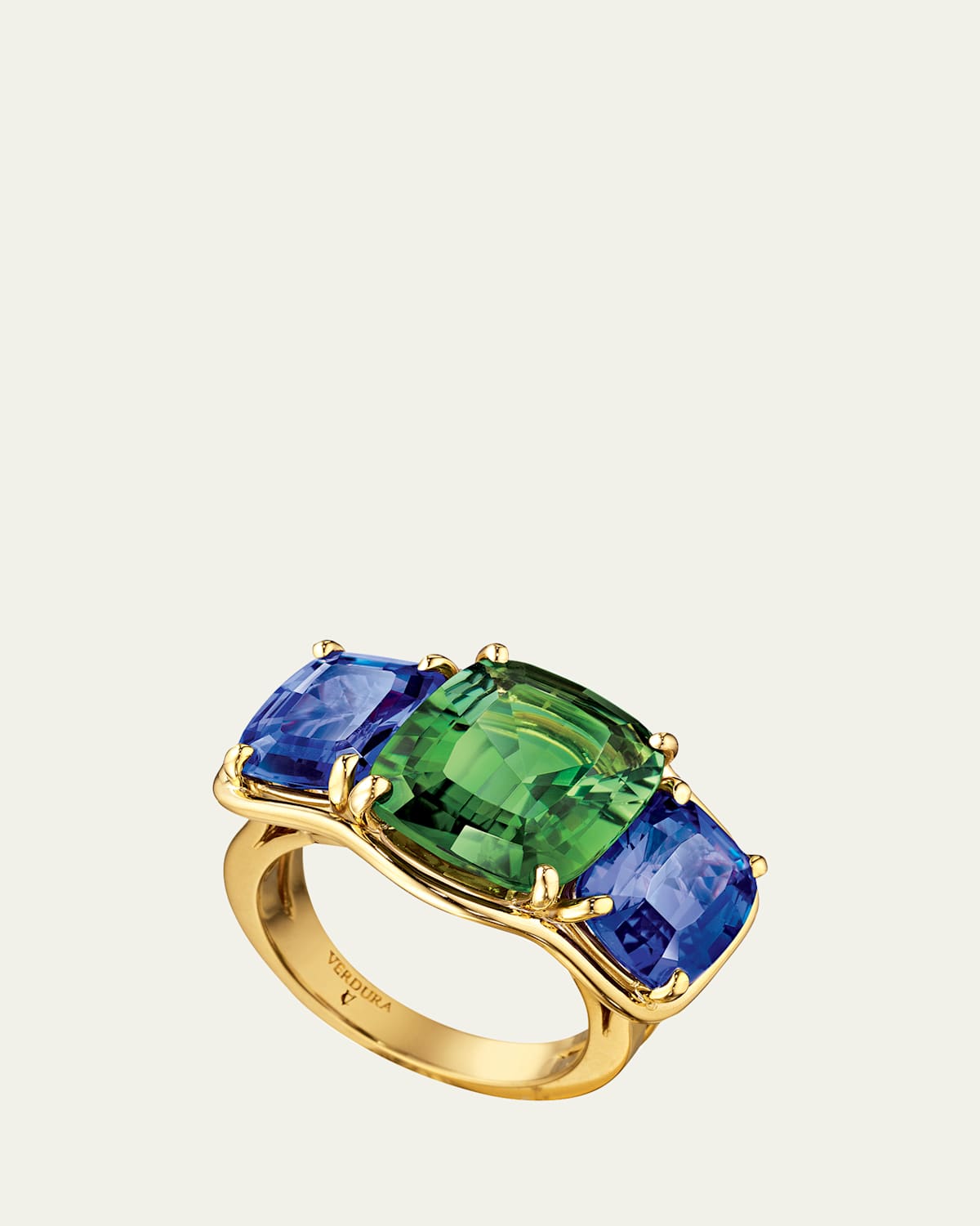 Verdura 18K Yellow Gold Tanzanite and Green Tourmaline 3-Stone Ring