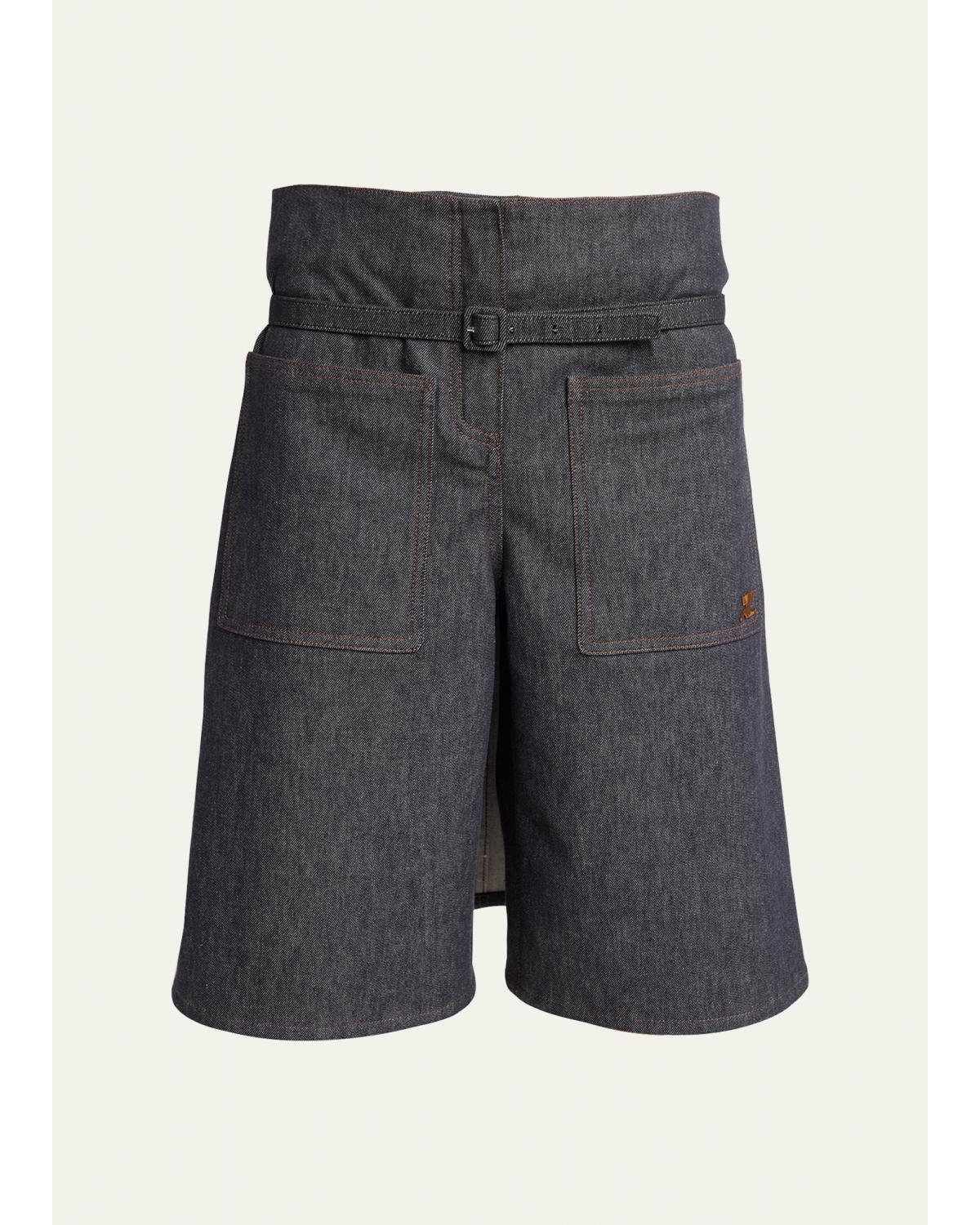Denim Back Panel Bermuda Shorts With Belt
