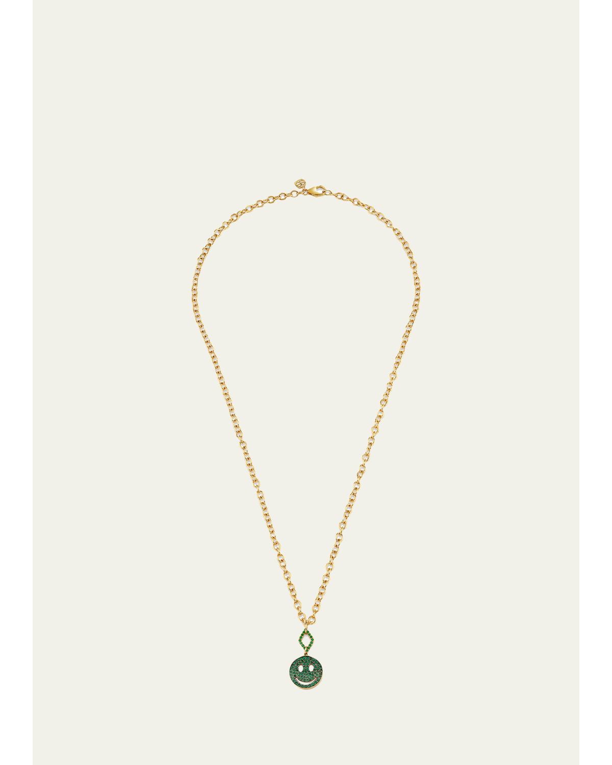 14K Yellow Gold Emerald Happy Face Pendant Necklace