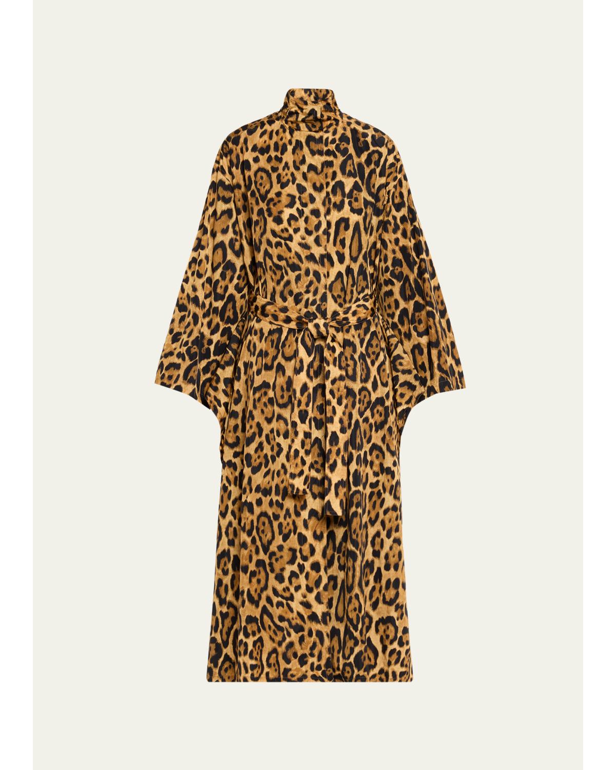 Pleated Leopard-Print Nylon Belted Trench Coat