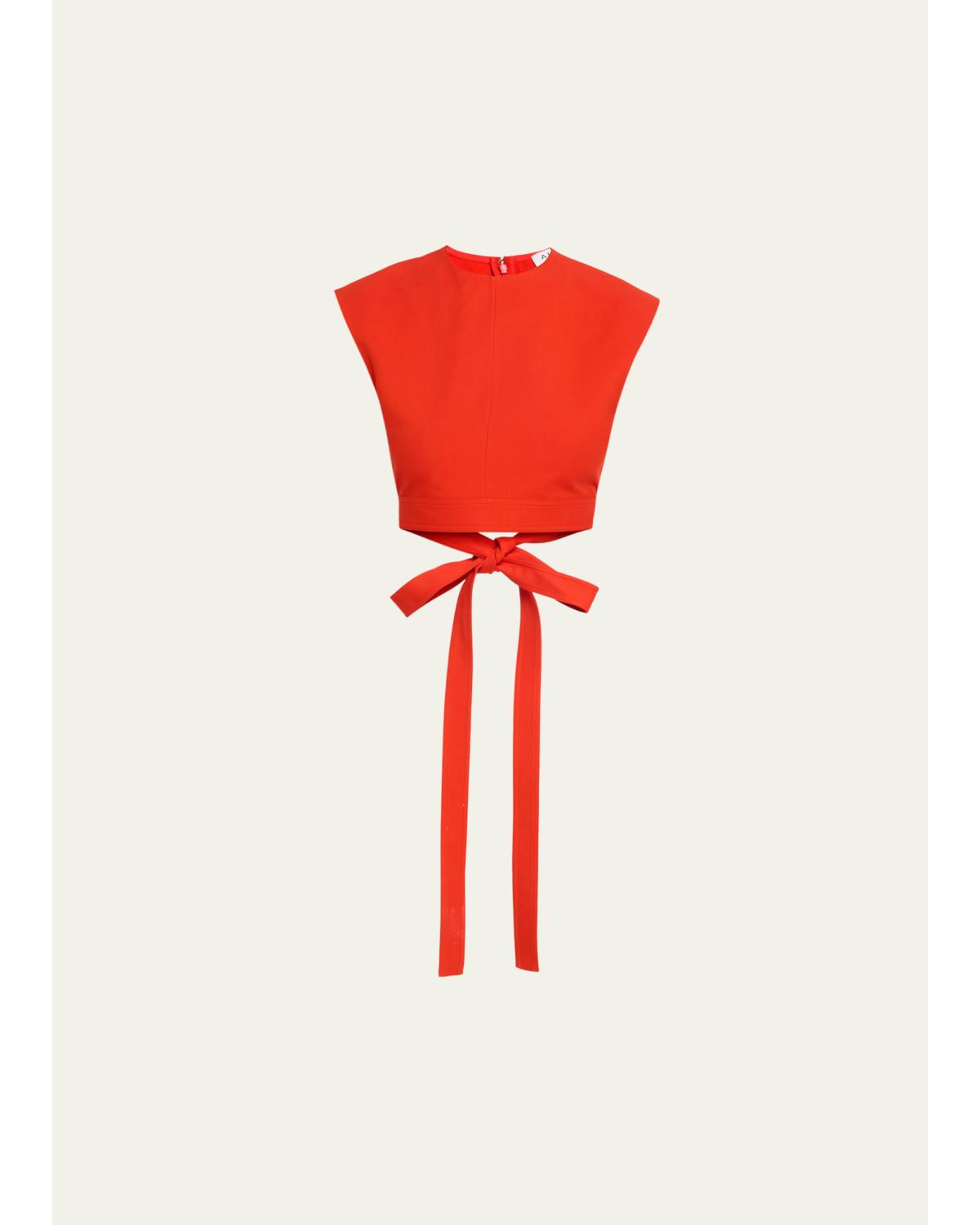 Cap-Sleeve Belted Cotton Gabardine Crop Top