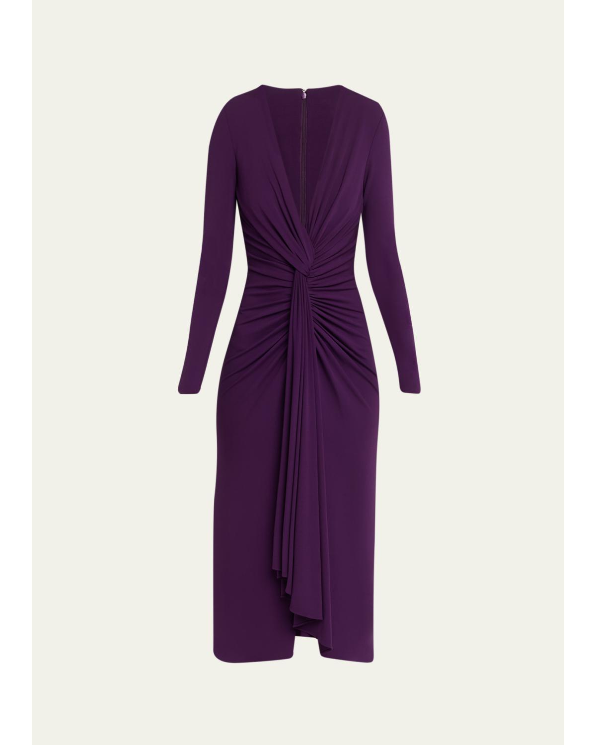 Draped Deep V-Neck Midi Dress