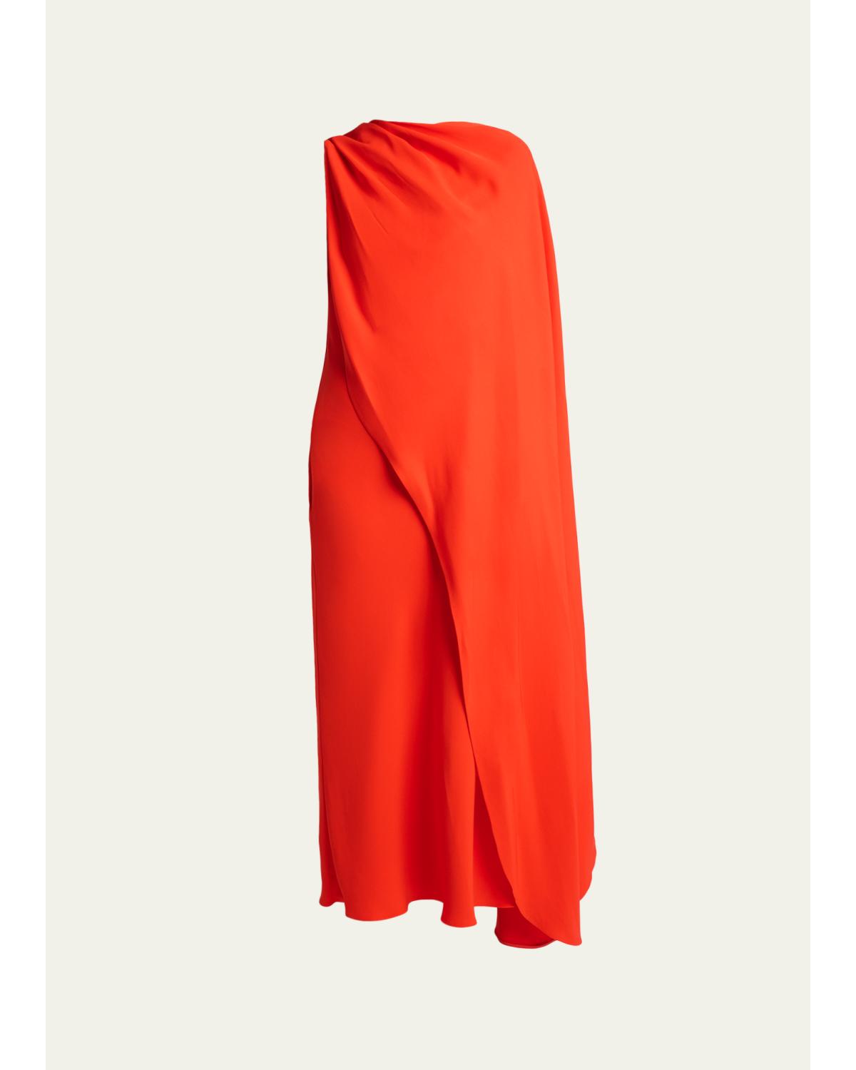 Silk-Wool Draped Cape Midi Dress