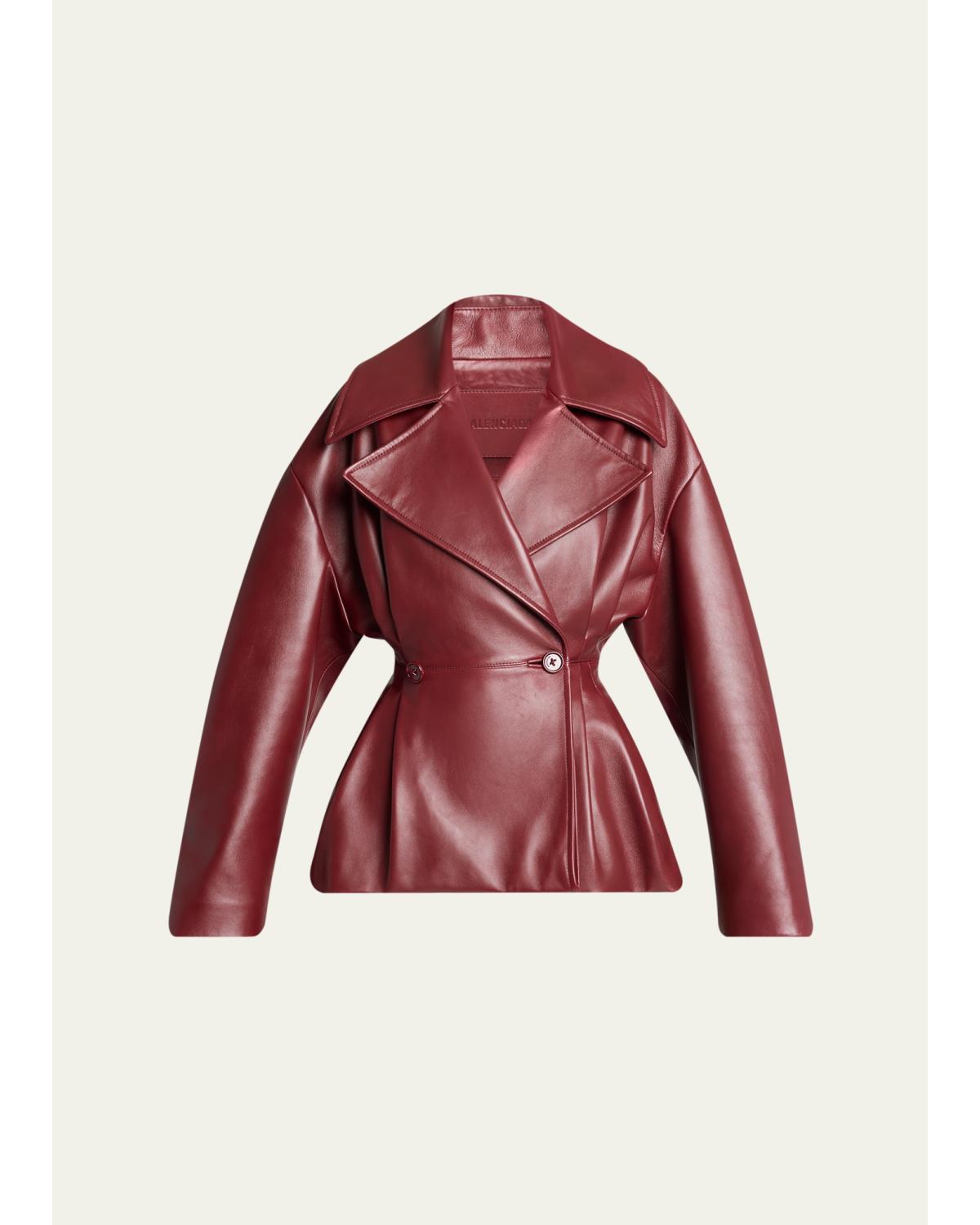 Pleated Leather Short Peplum Trench Coat