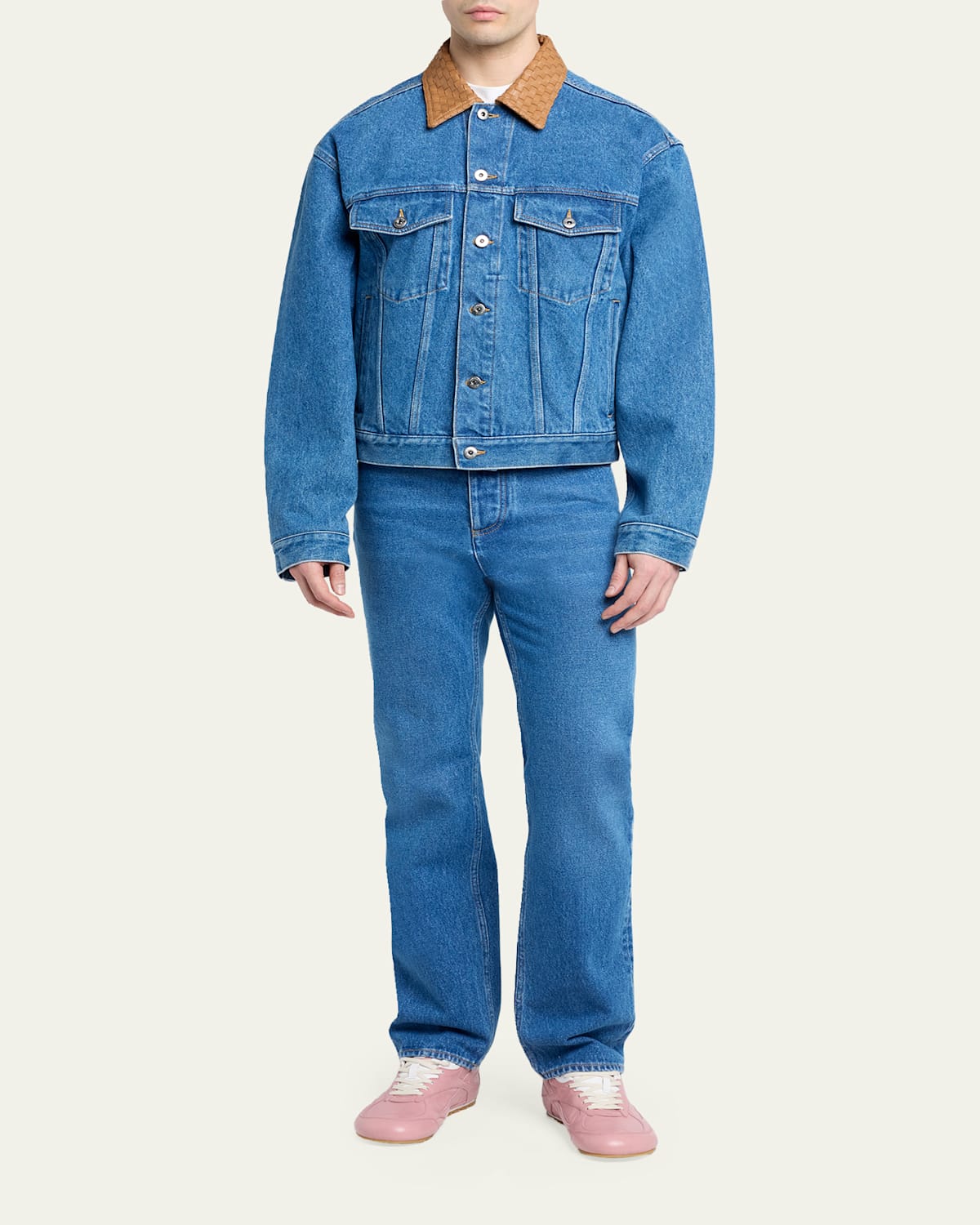 Men'S Intrecciato-Leather Collar Denim Jacket
