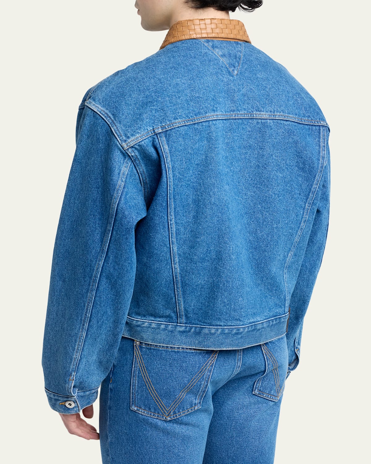 Men'S Intrecciato-Leather Collar Denim Jacket