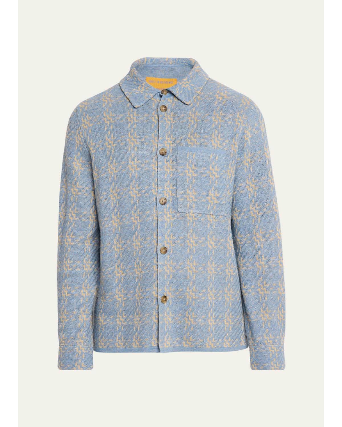 Men'S Light Blue Knit Button-Down Shirt