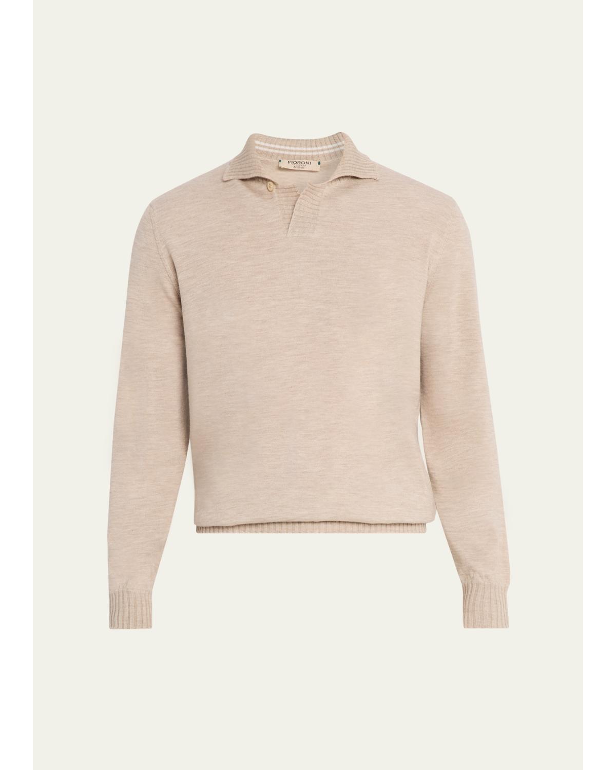 Men'S Duvet Cashmere Johnny-Collar Long-Sleeve Polo Shirt
