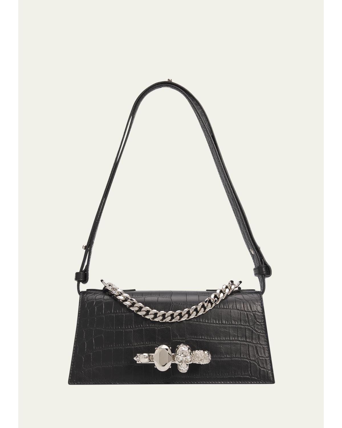 Jeweled Croc-Embossed Leather Shoulder Bag