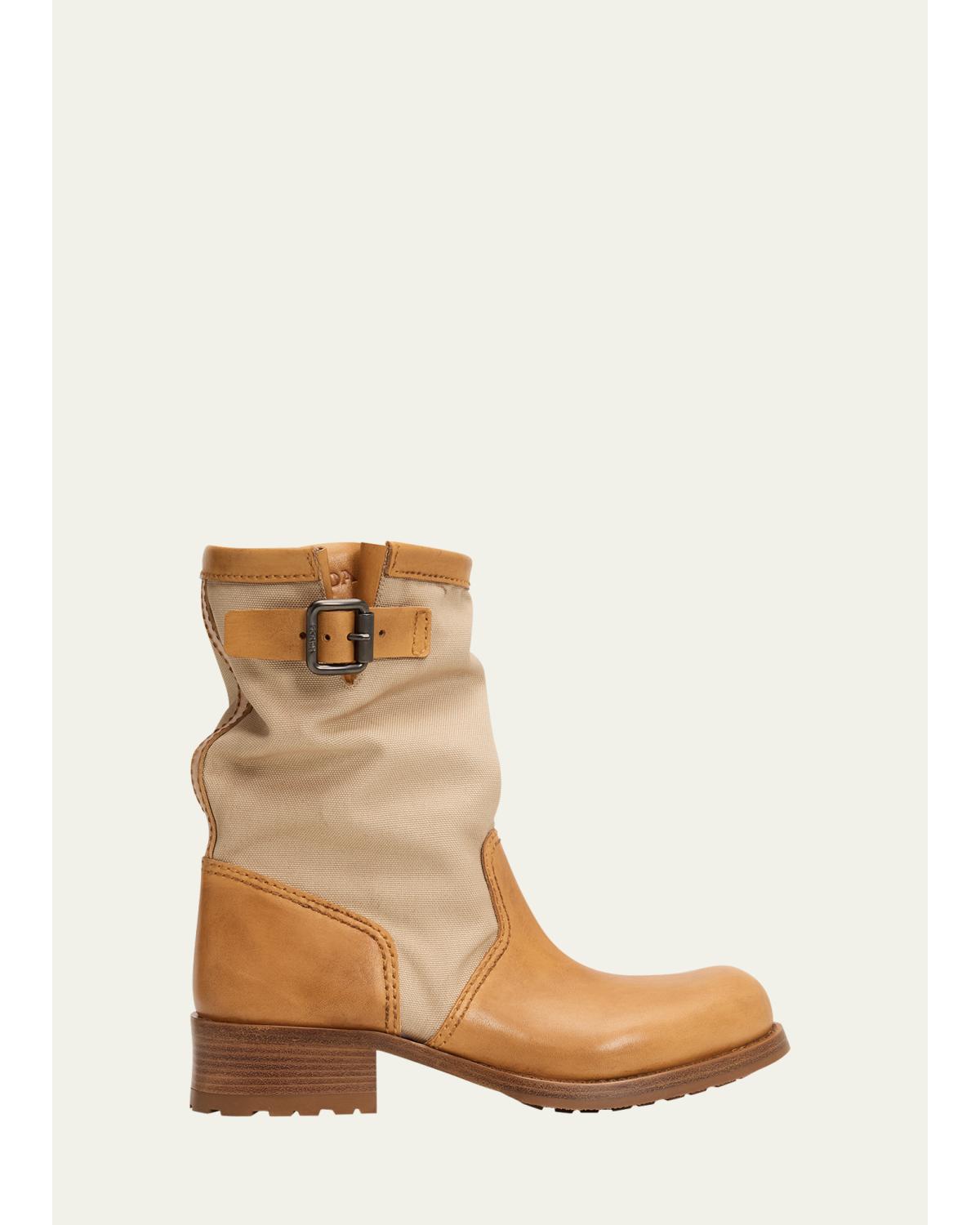 Leather and Canvas Biker Mid-Calf Boots
