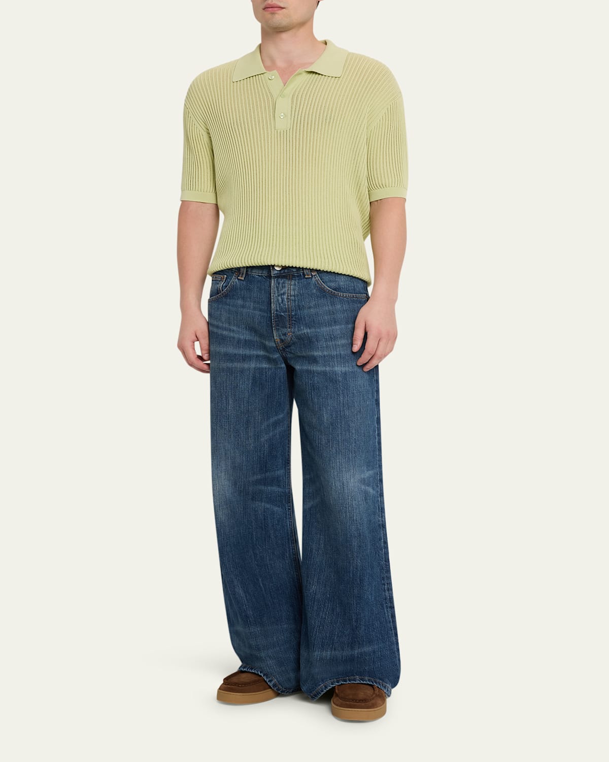Men'S Whiskered Dark Blue Denim Wide-Leg Jeans