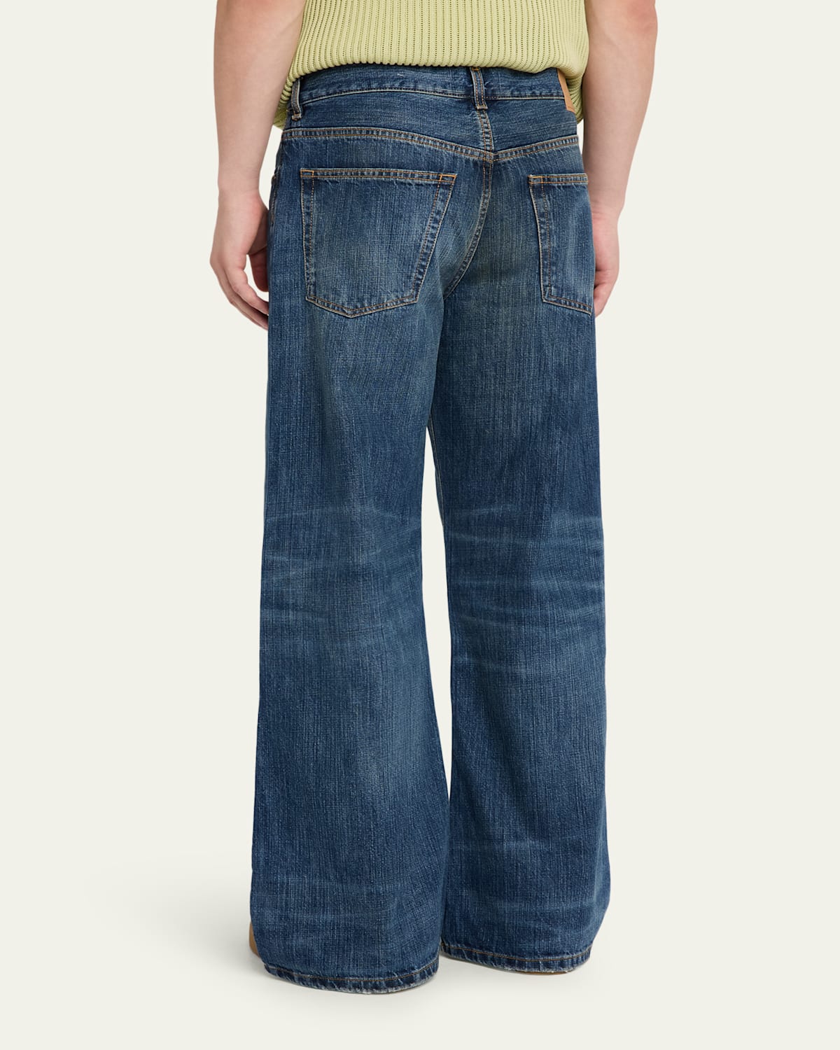 Men'S Whiskered Dark Blue Denim Wide-Leg Jeans