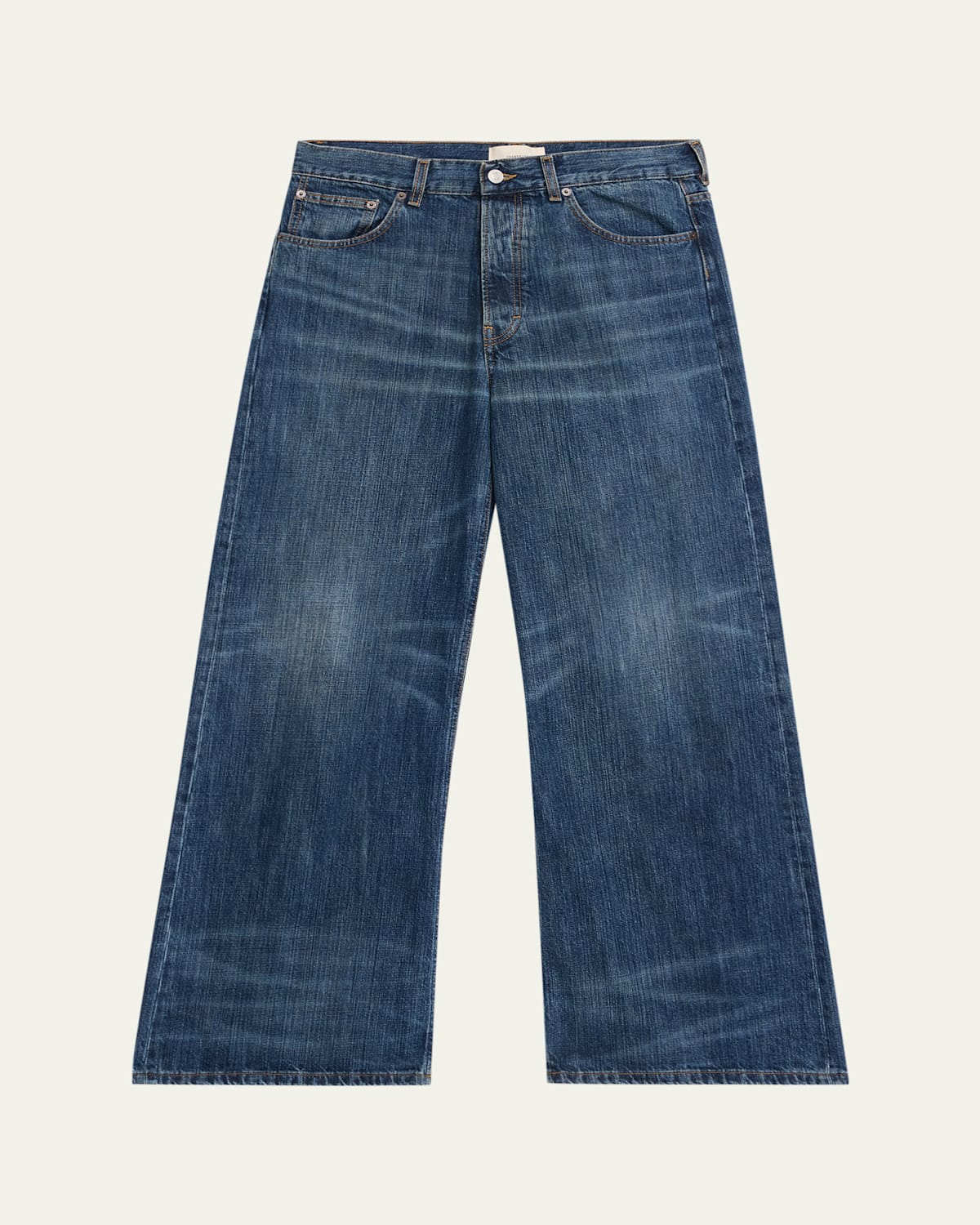 Men'S Whiskered Dark Blue Denim Wide-Leg Jeans
