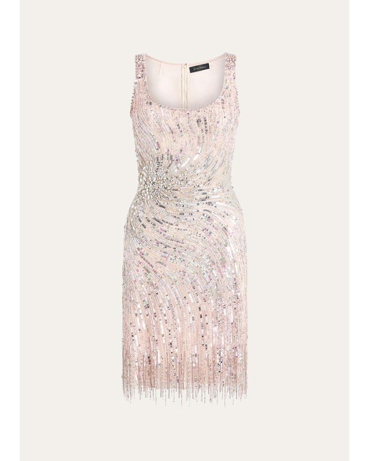 Swirly Beaded Sleeveless Mini Cocktail Dress