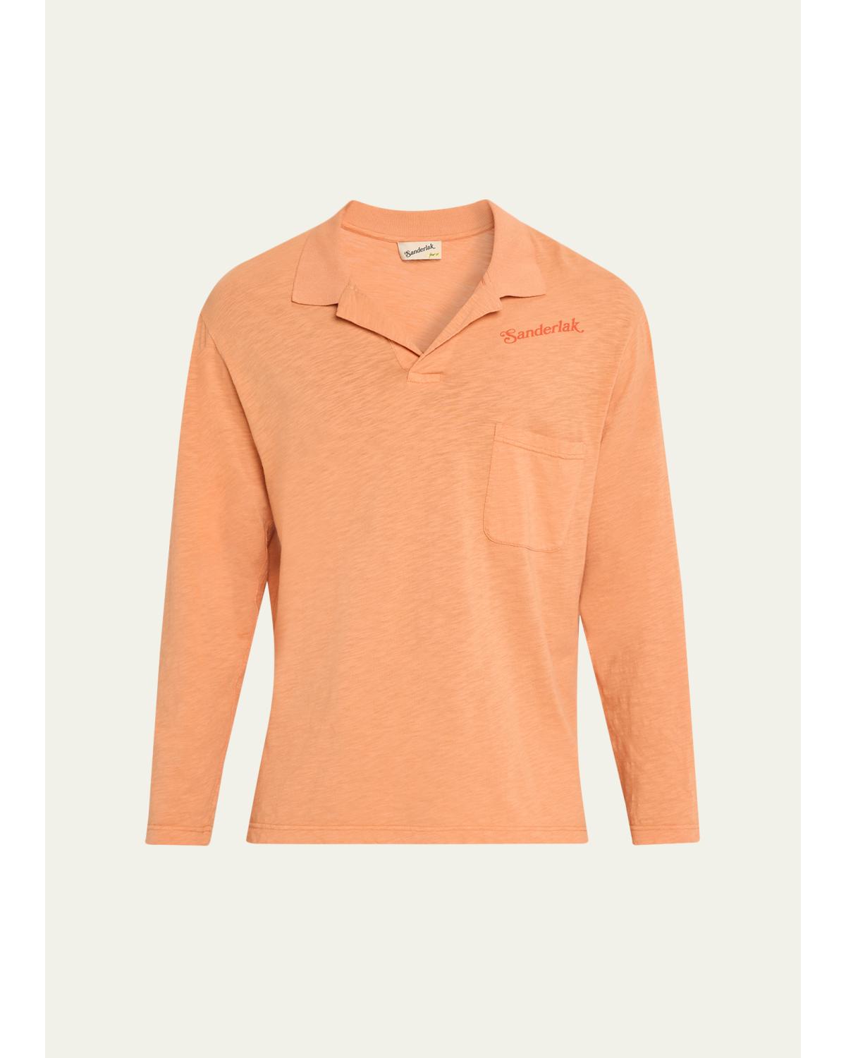 Men'S Slub Cotton Long-Sleeve Johnny Collar Polo Shirt
