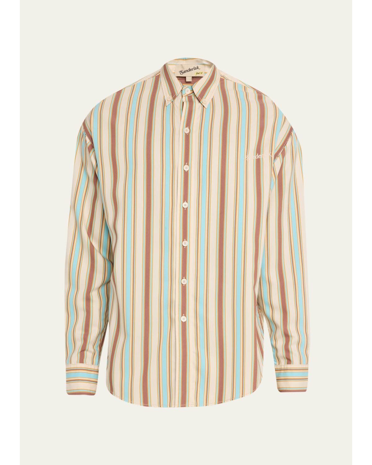 Men'S Oversized Viscose Poplin Stripe Button-Down Shirt
