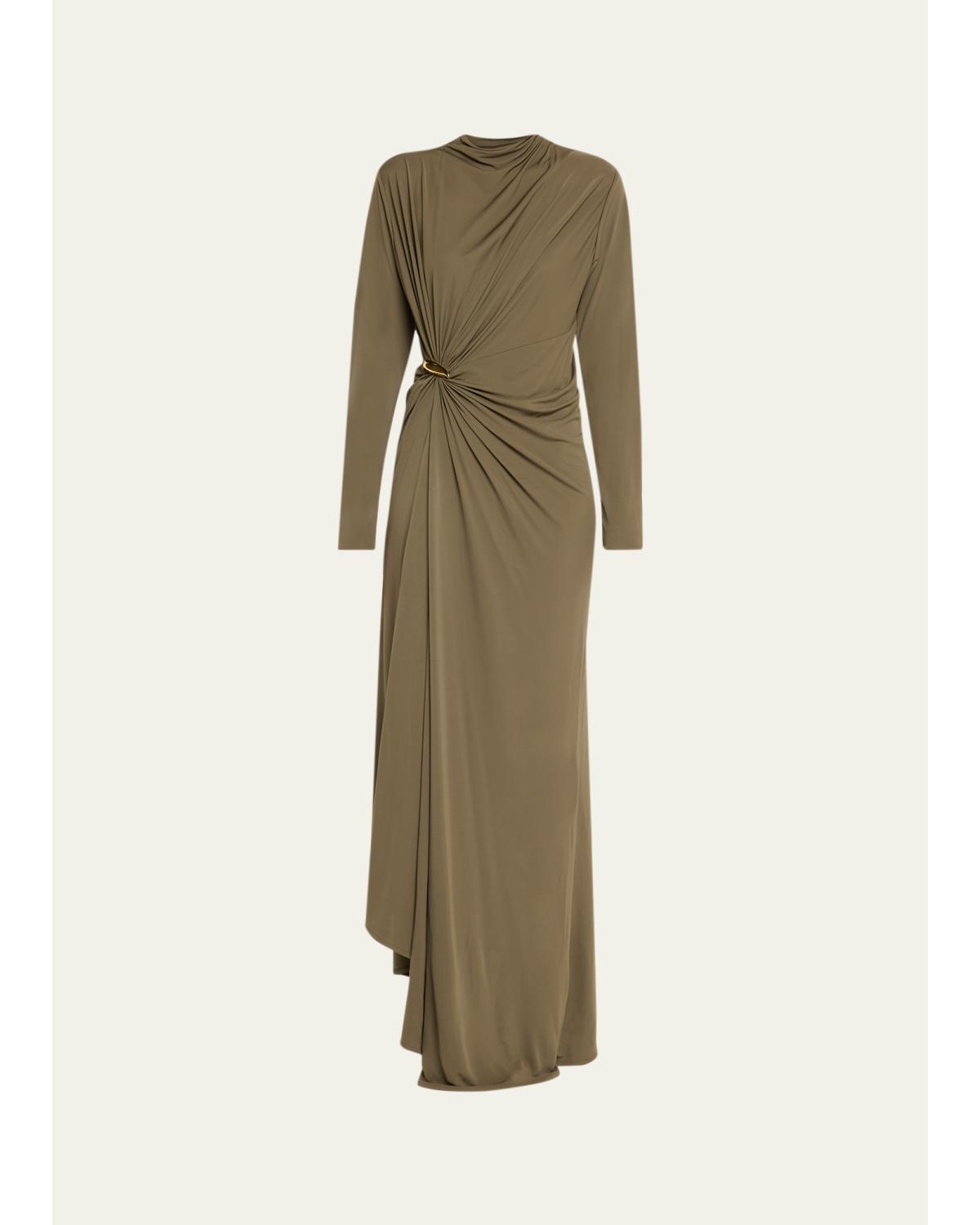 Long-Sleeve Draped Matte Crepe Maxi Dress