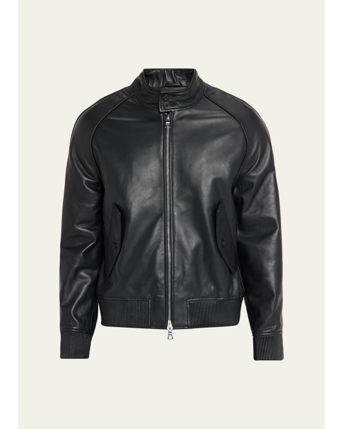 Men'S Leather Band-Collar Biker Jacket