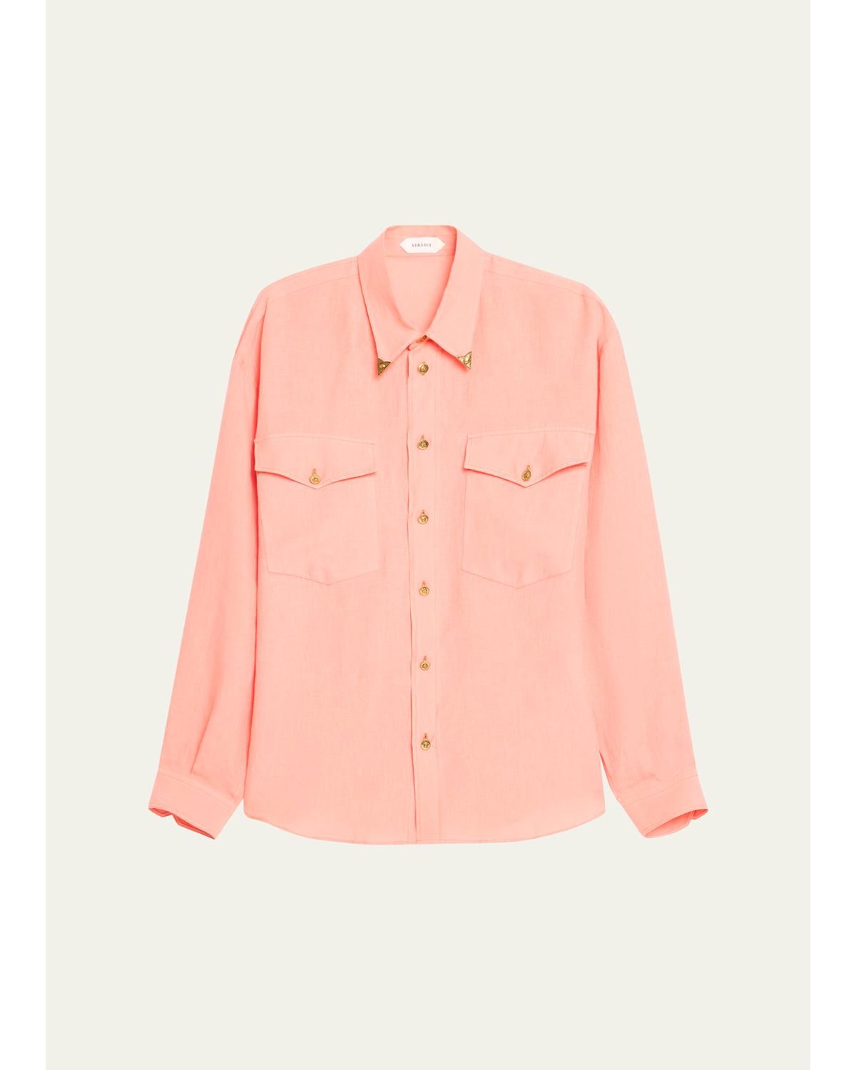 Men'S Linen Medusa Metal-Trim Button-Down Shirt