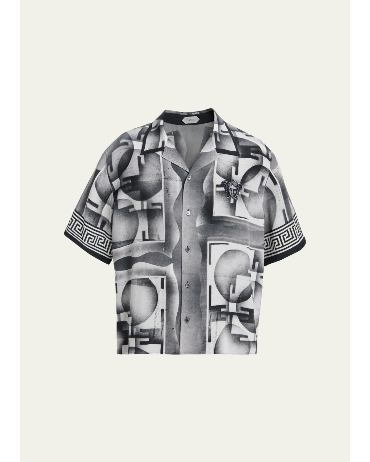Men'S Silk Abstract La Greca-Trim Camp Shirt