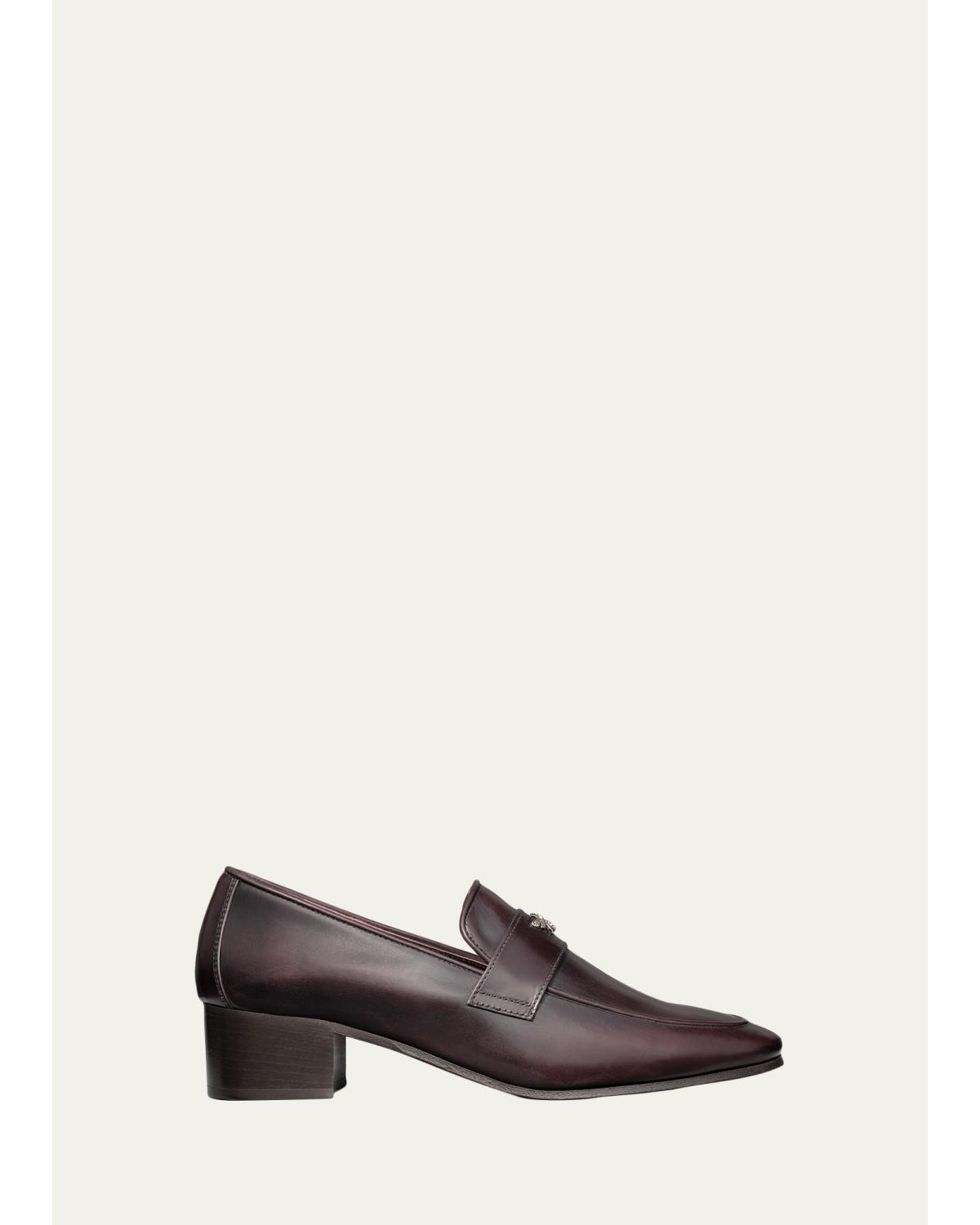 Brushed Leather Block-Heel Loafers