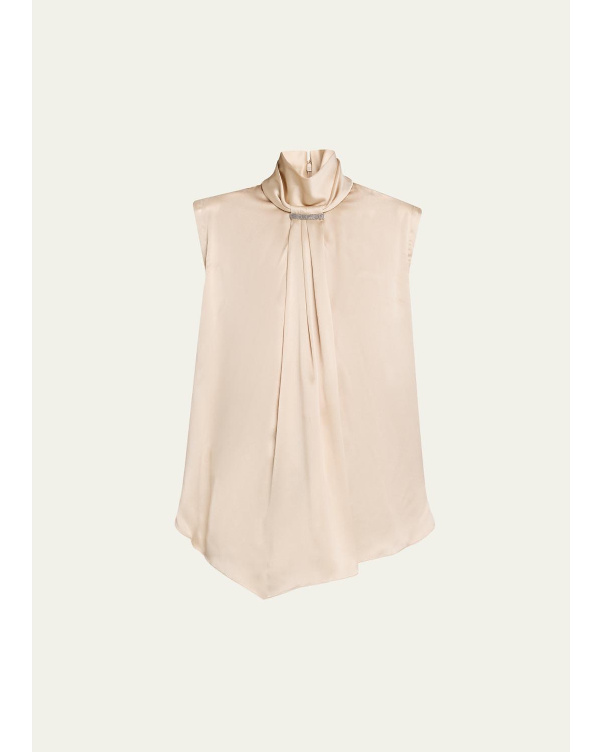 Sleeveless Silk Turtleneck Blouse