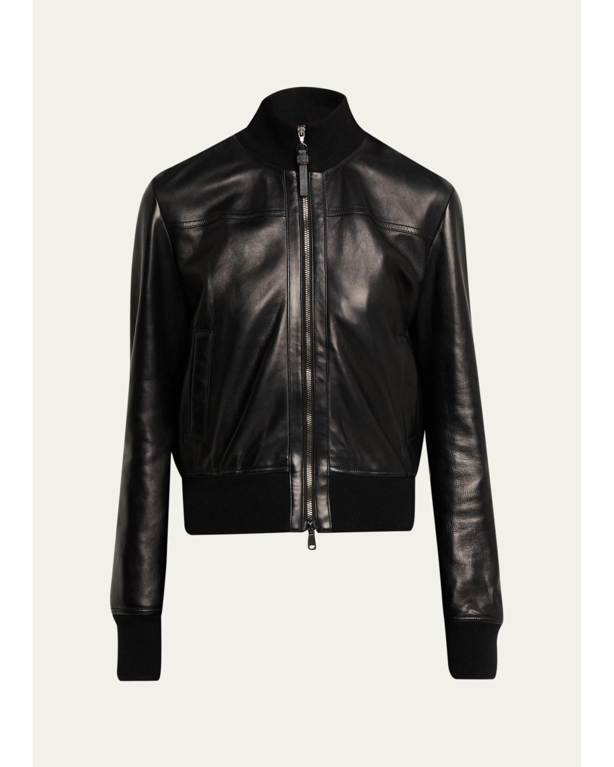 Turtleneck Leather Bomber Jacket