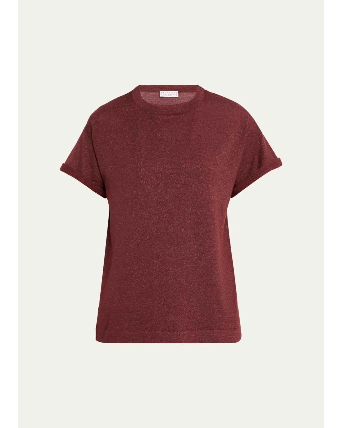 Shimmering Cashmere Short-Sleeve Crewneck Sweater