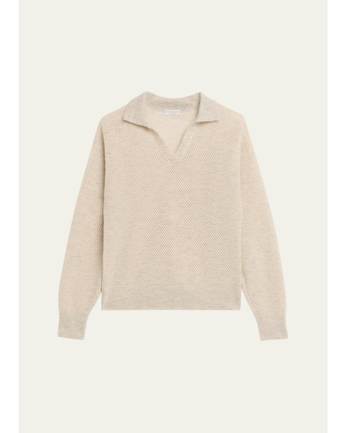 Shimmering Mohair Net Knit Polo Sweater