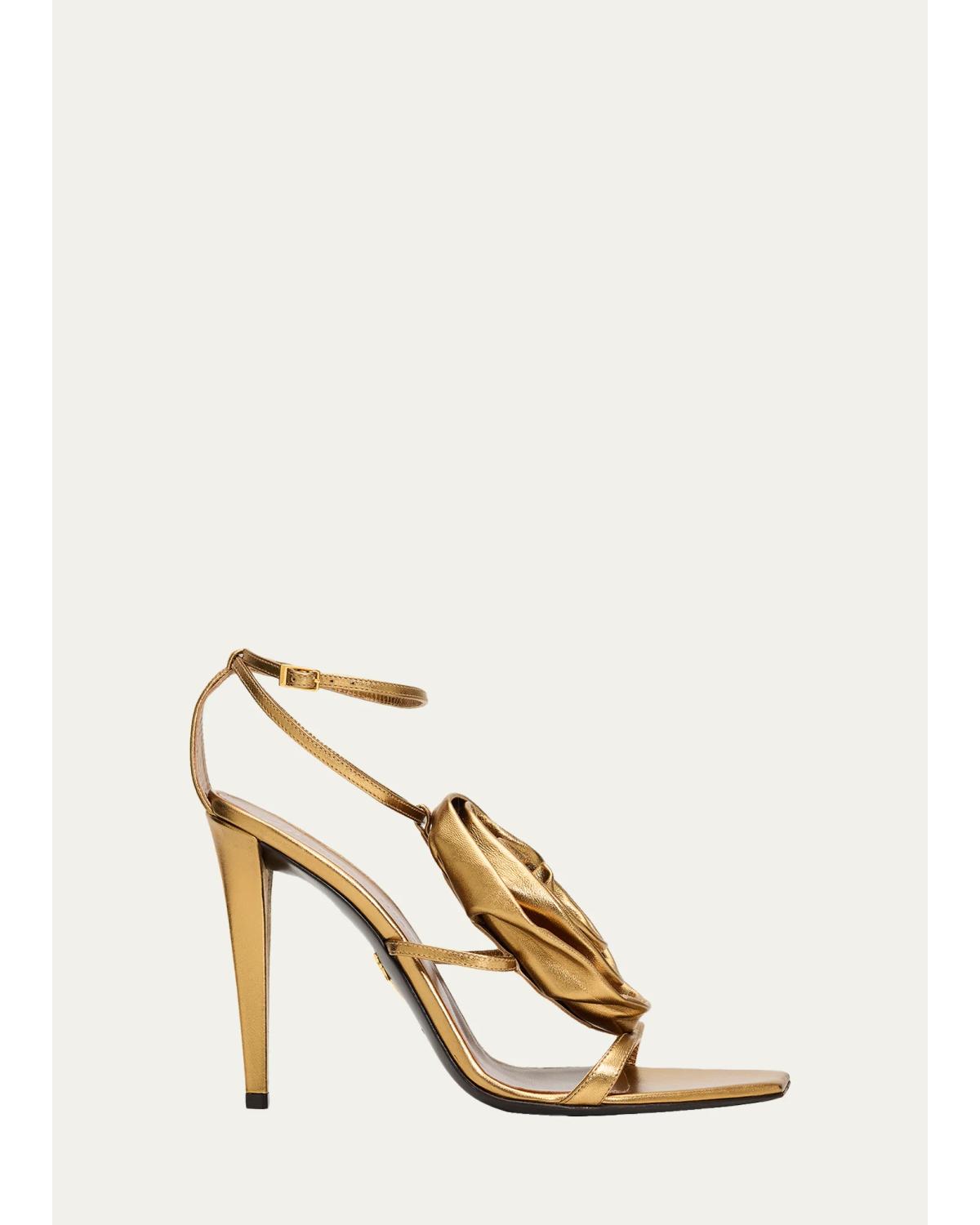 105Mm Flower Metallic Leather Ankle-Strap Sandals