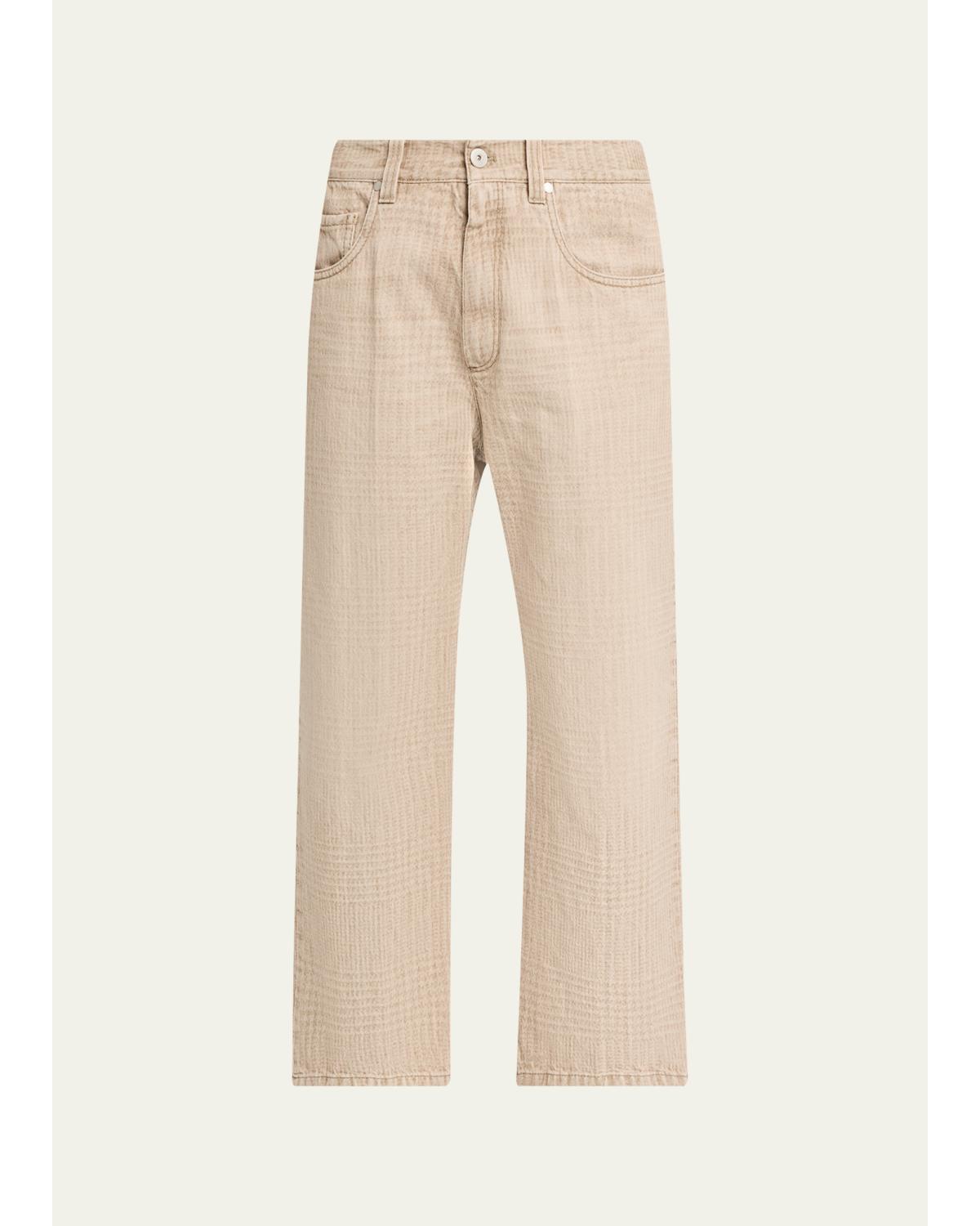 Check-Print Denim Straight-Leg Crop Pants