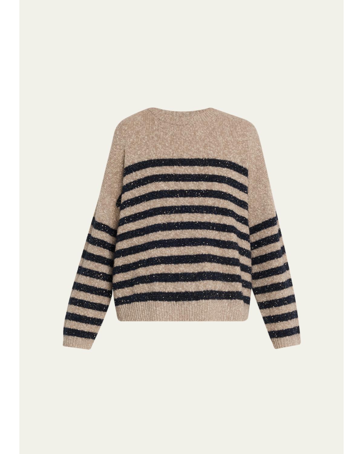 Shimmering Striped Wool-Cashmere Crewneck Sweater