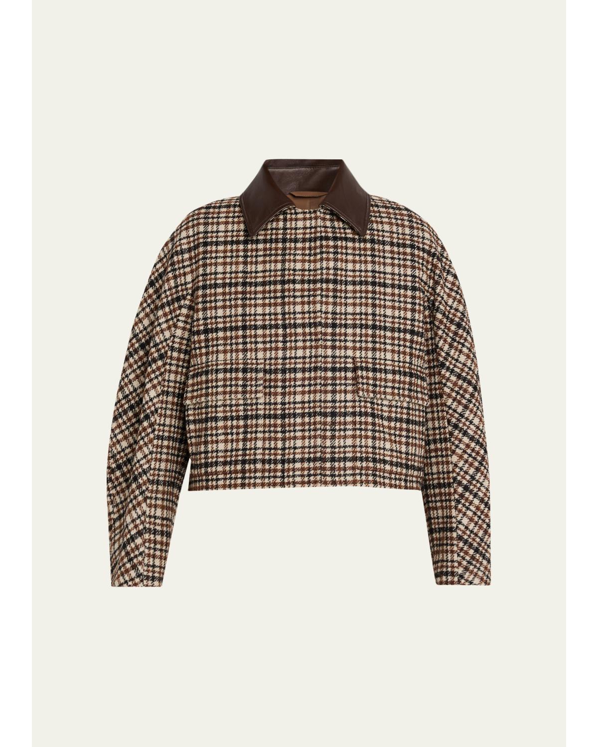 Leather-Collar Check Boxy Car Coat