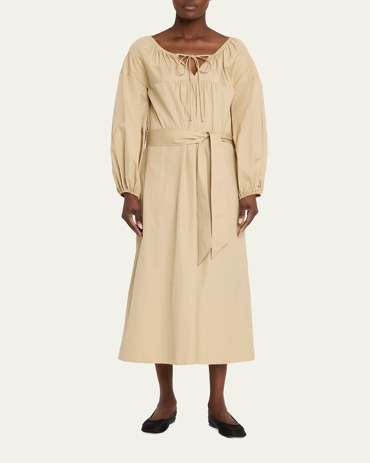 Shirred Cotton Belted Tie-Neck Midi Dress