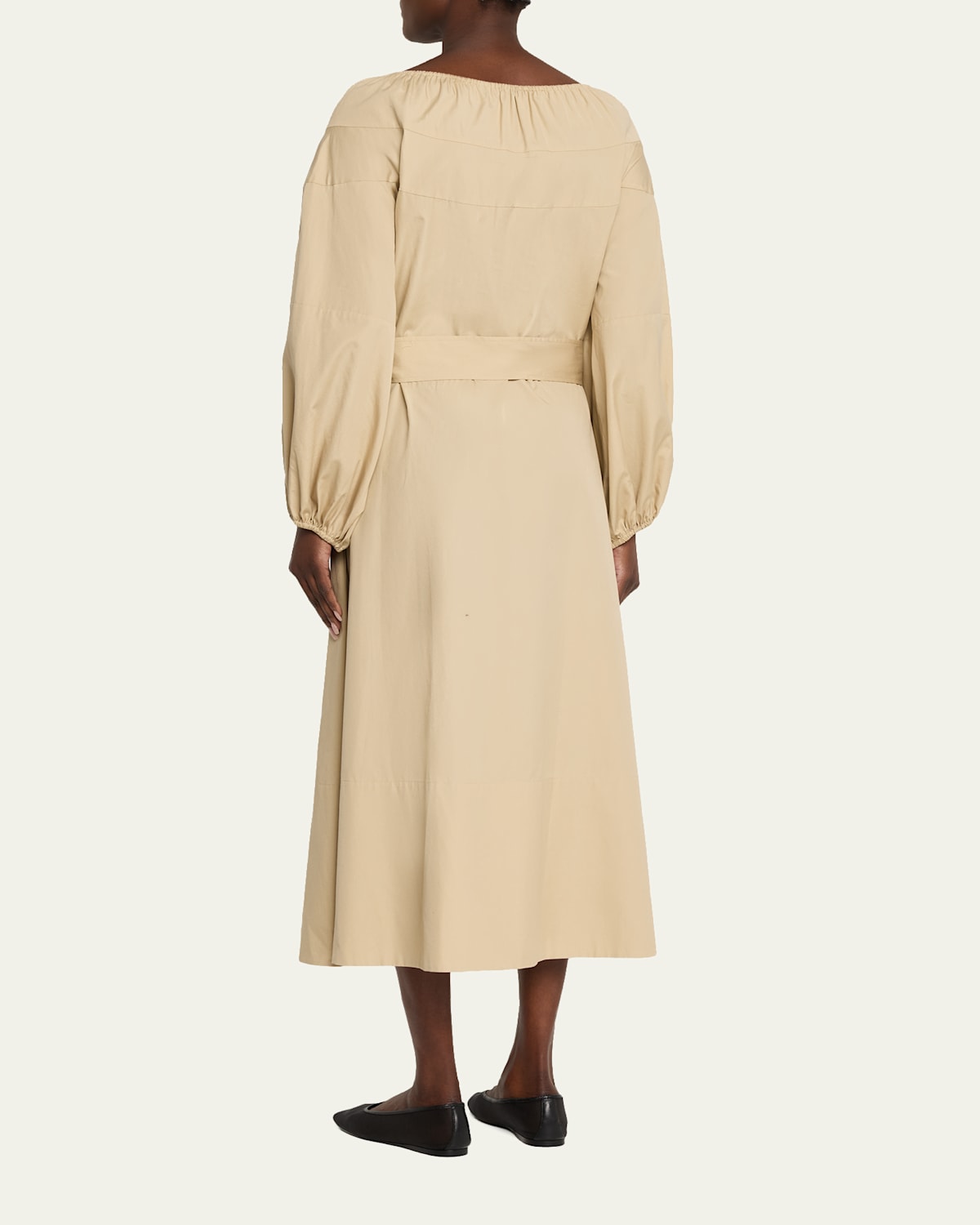 Shirred Cotton Belted Tie-Neck Midi Dress