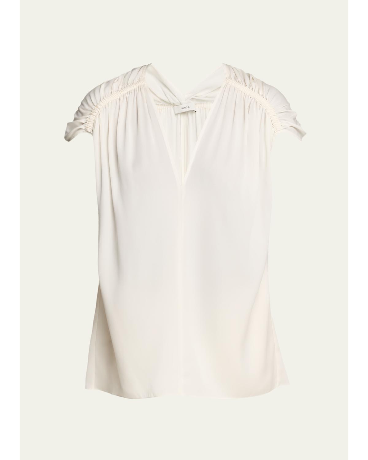 Gathered Cap-Sleeve Silk-Blend Blouse