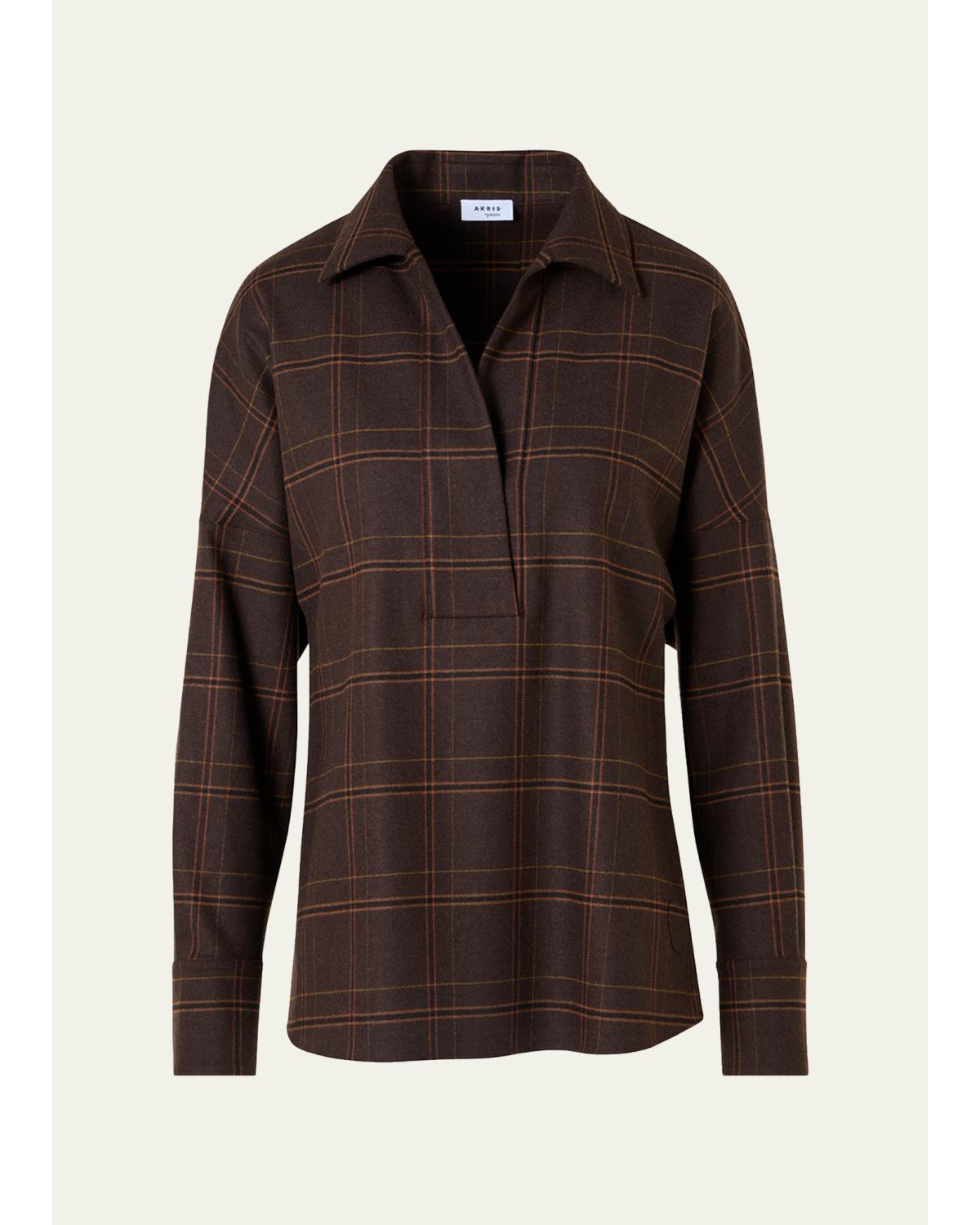Akris Punto Blanket Checked Wool-blend Flannel Blouse In Espresso-c