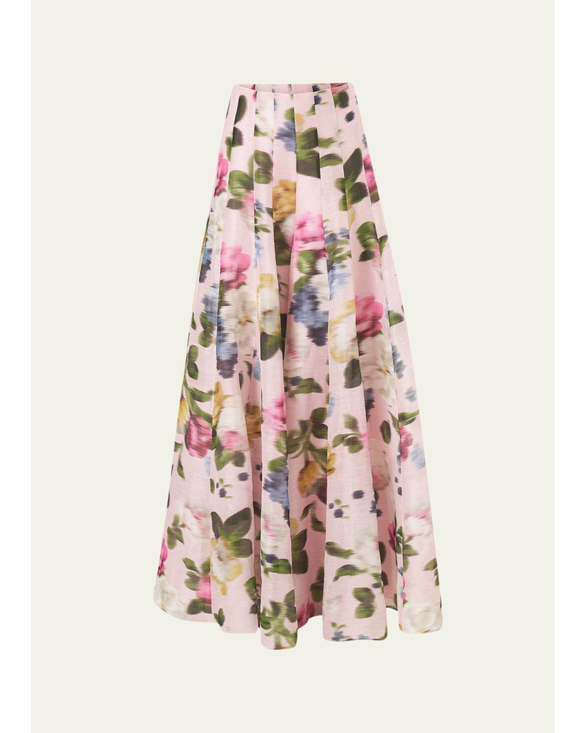Iris Floral Silk-Linen Faille Wide-Leg Skirt Pants