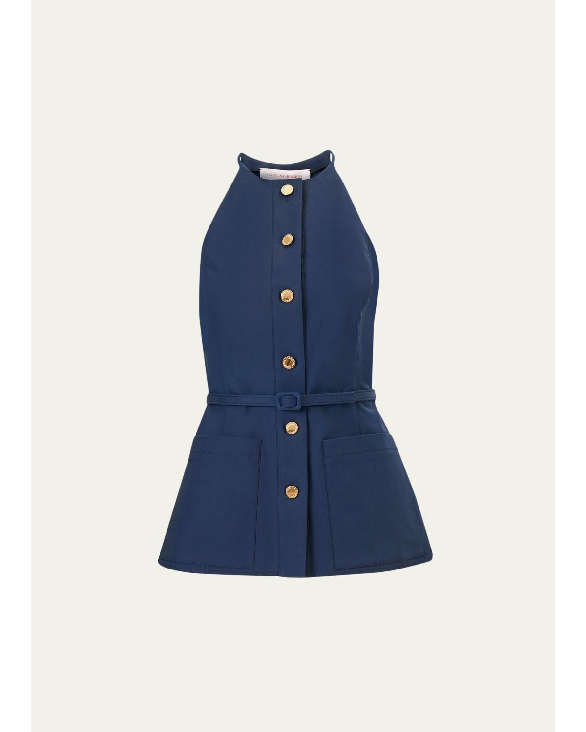Button-Front Belted Halter Peplum Top