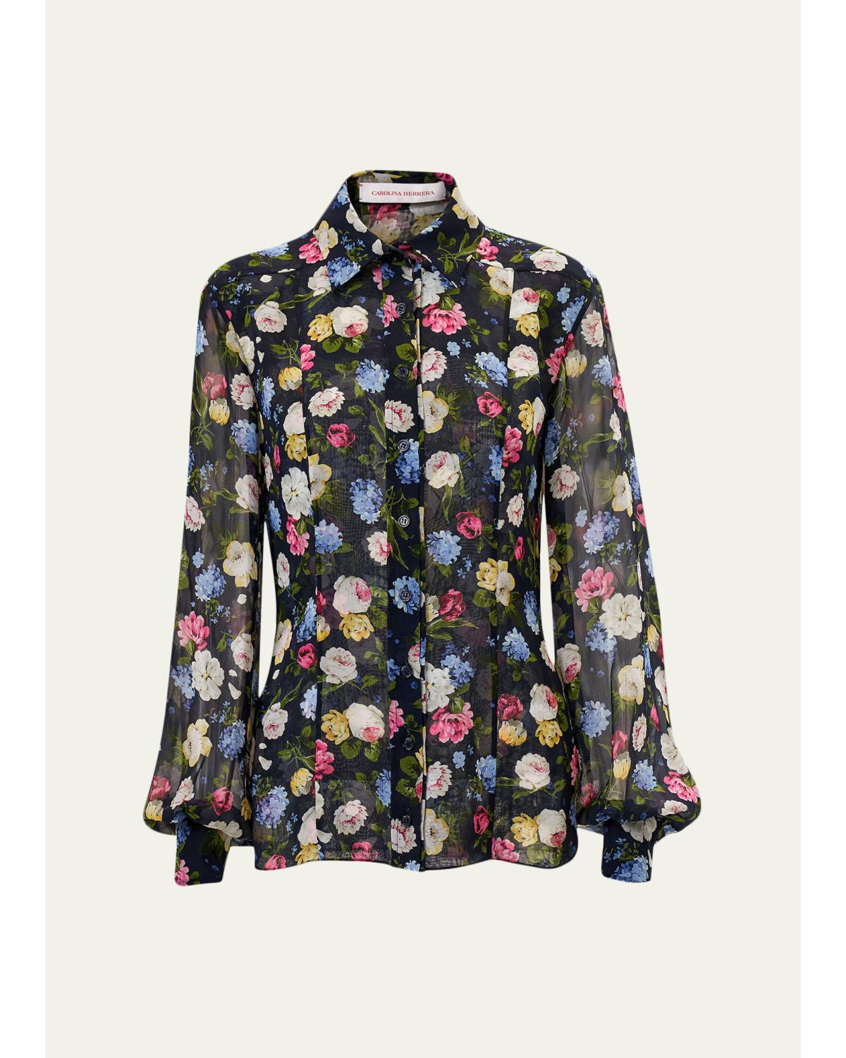 Isabella Rose-Print Silk Chiffon Button-Down Shirt