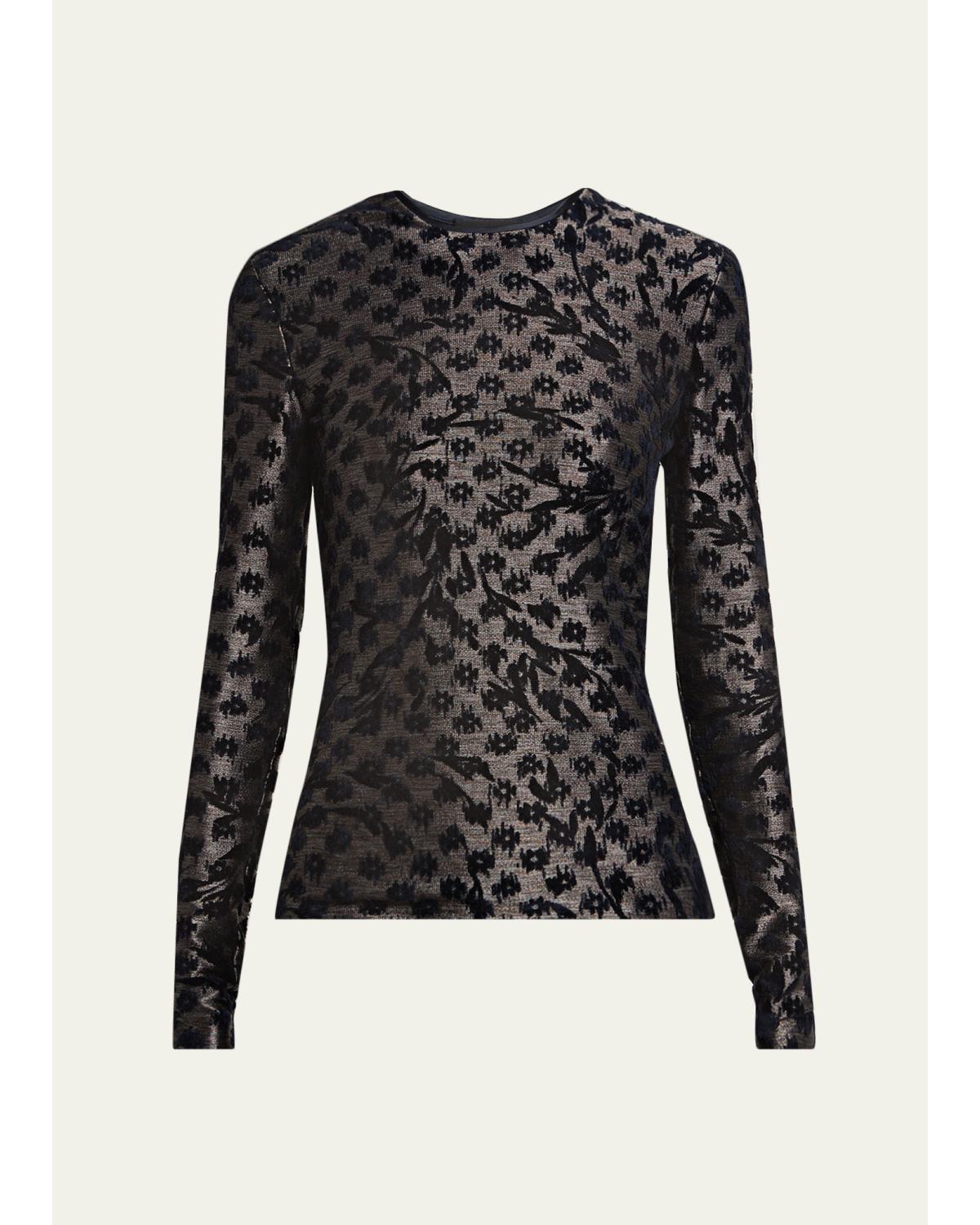 Floral Metallic Burnout Long-Sleeve Top